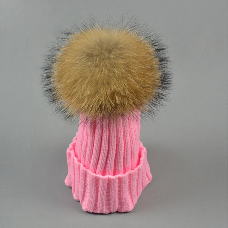 Мягкая вязаная шапка унисекс с помпоном из меха енота женские шапки и шапочки