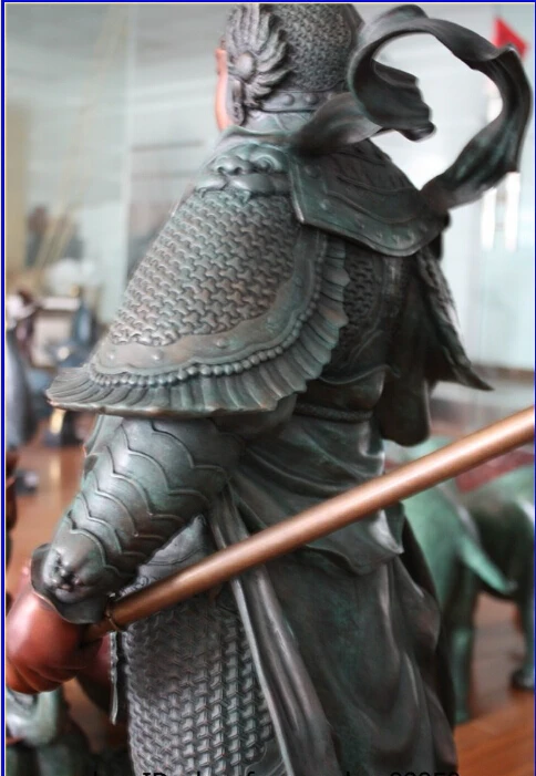 35 Китай Бронза Медь Скульптура Гуань Гун Юй Воин Дракон Будда Меч Статуя (0319