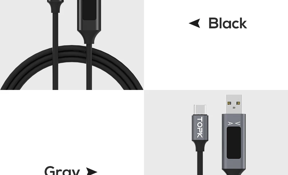 TOPK D-Line2 кабель usb type C, отображение напряжения и тока type-C кабель для быстрой зарядки и синхронизации данных USB-C для Xiaomi A1 samsung S9