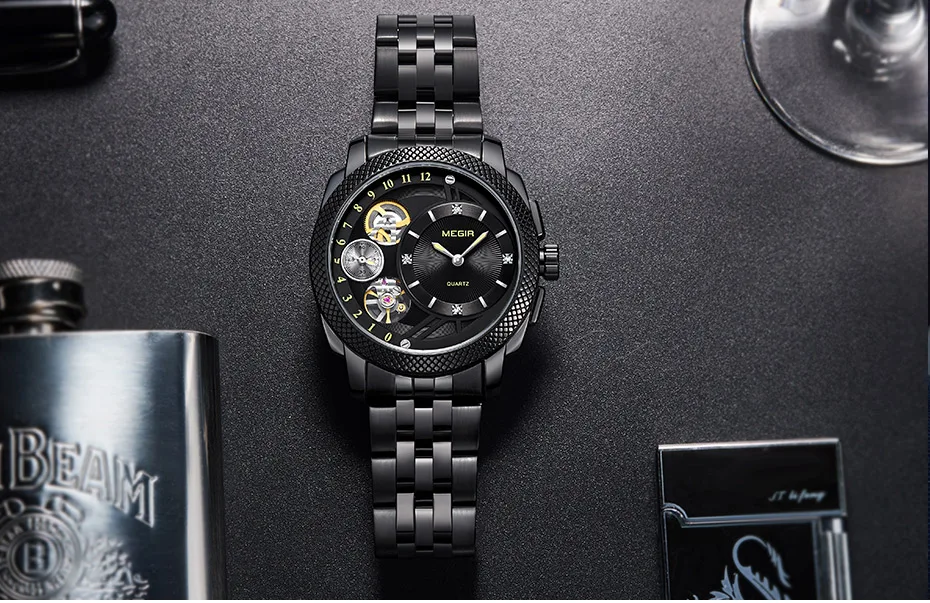 MEGIR Smart Quartz Watches for Men Fashion Casual Analogue Waterproof Wristwatch with Decorative Mechanical Movement 2091BKBN