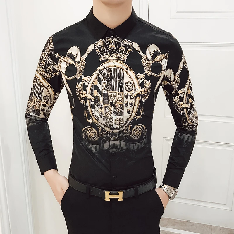 Black 1709 6XL, 19 цветов, модная повседневная приталенная Мужская рубашка с длинным рукавом и принтом из бутика/Высококачественная Мужская Клубная рубашка на выпускной - Цвет: Black 1709