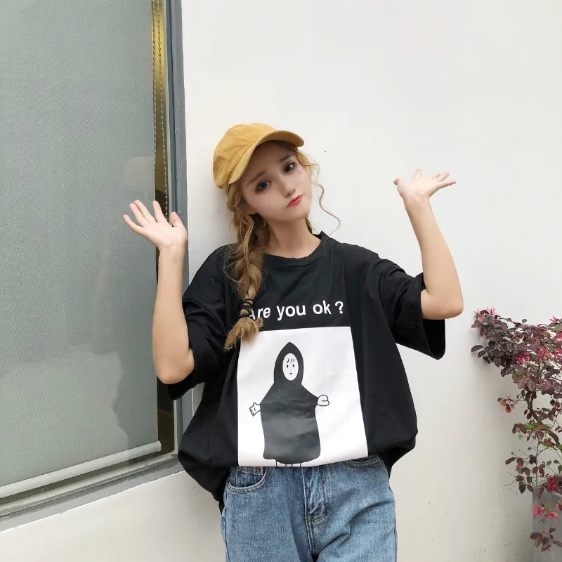 

New Fashion personality T-shirts Women Summer 2018 Big Size Loose Letter T-shirt Medium Long Tees Cool Cartoon Print Casual Top