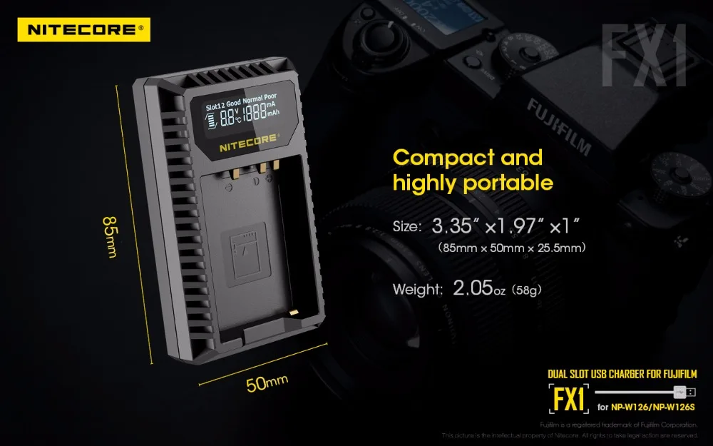 Nitecore FX1 двойной слот USB Зарядное устройство для ЖК-дисплея с подсветкой Fujifilm NP-W126 NP-W126S Камера Батарея X-Pro1 X-T1 XE1 XE2 XA1 XA2 XM1 HS30 X-T2 X-E2S