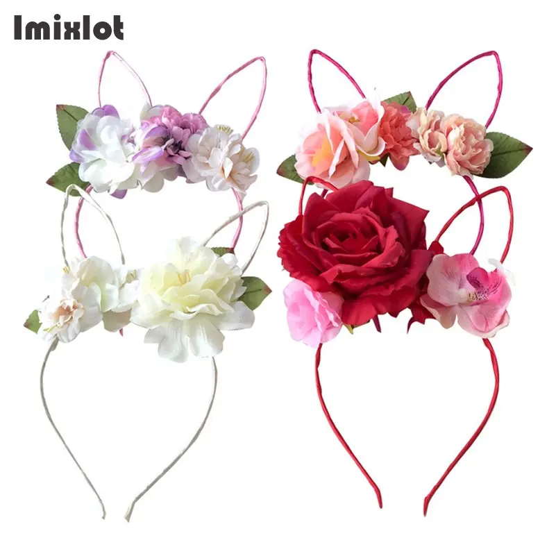 Imixlot 4 цвета тканевый цветок, повязка на голову, Банни, кружевные повязки для волос с заячьими ушками для женщин, Цветочная корона, аксессуары для волос, головные уборы для девочек