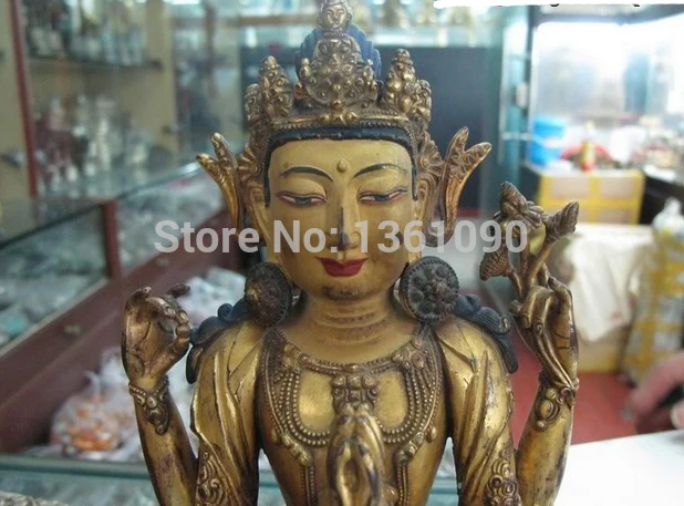 Xd 00664 10 &quotТибет Lhasa Fane чистая бронза 24K позолоченная четырехрука Kwan-Yin статуя Будды
