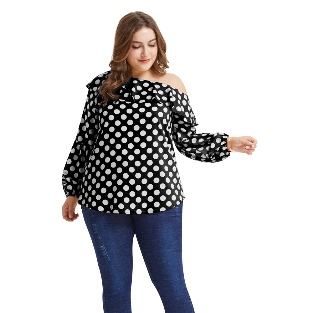 Очень большие размеры женские рубашки с рюшами и воротником в горошек женская