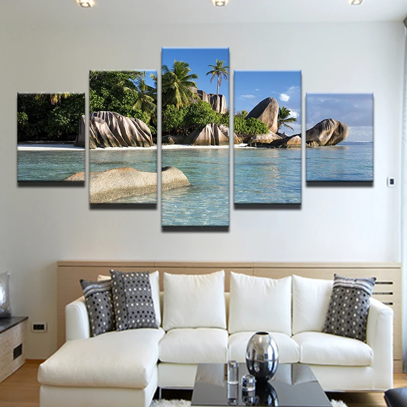 Living Room Home Decor Wall Art Picture Printed Azure Sky Ocean White Clouds Coconut Tree Stone Painting On Canvas | Дом и сад