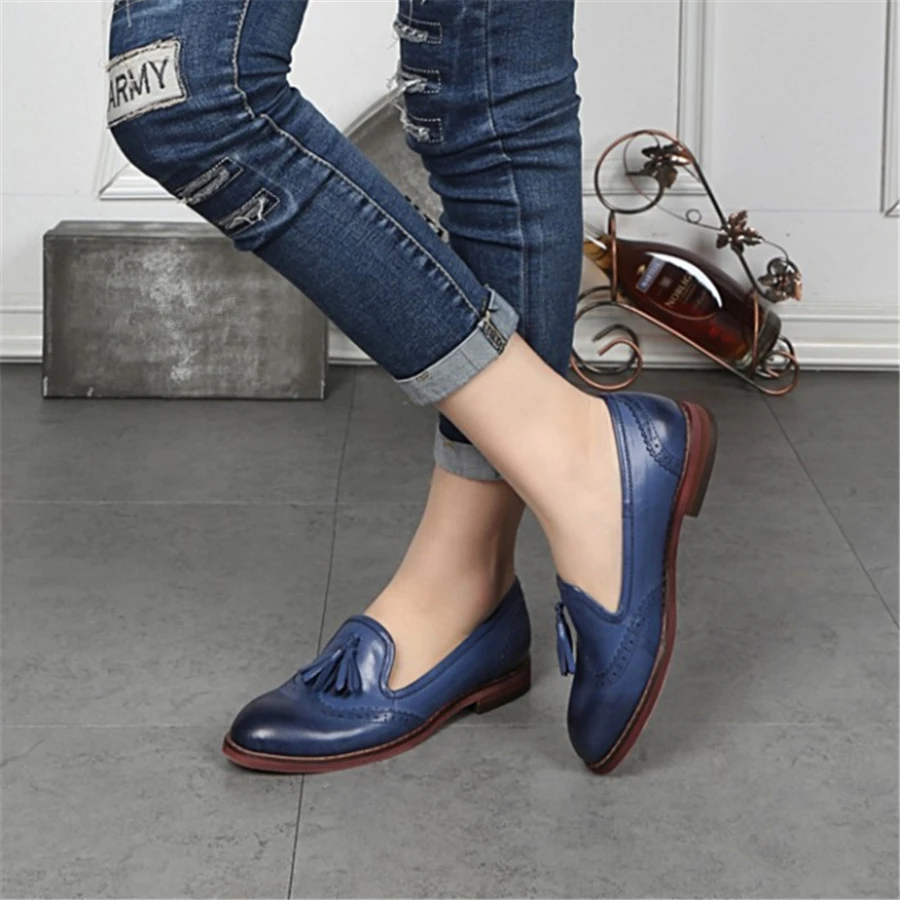 

Genuine sheepskin leather brogues yinzo ladies flats tassel shoes handmade vintage oxford shoes for women red brown blue 2020