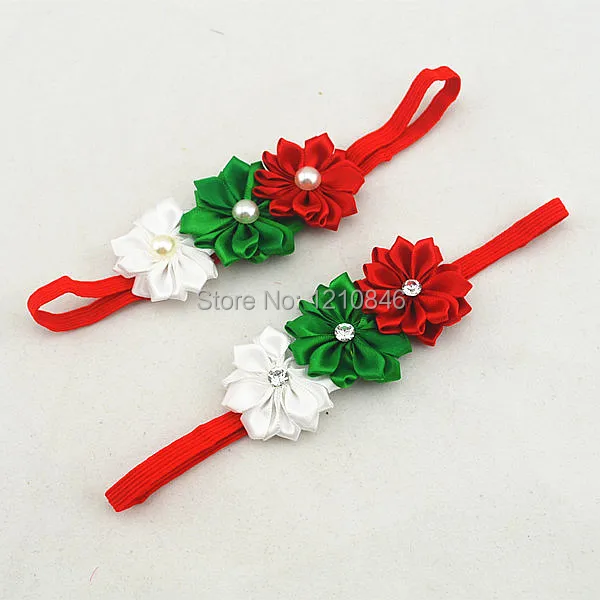 

Trail order triple satin ribbon flower headbands christmas gift for girl on elastic headbands 8pcs