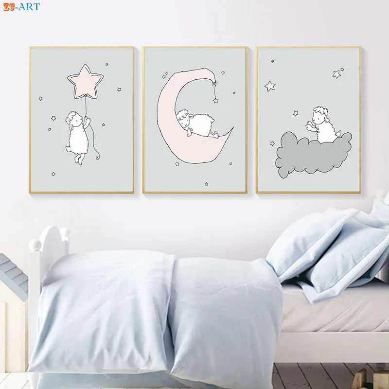 Ягненка луна звезды плакат для детской печати Картина на холсте розовые и серые