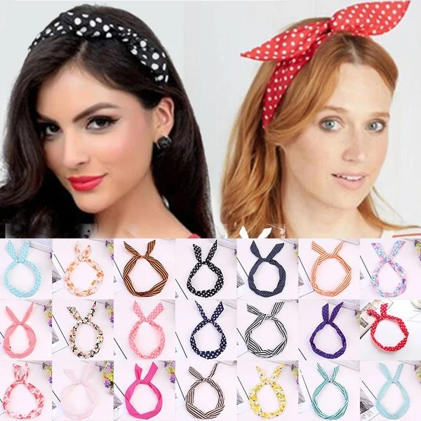 

Fashion 2021 Headband Headwear Women Paisley Rockabilly Wired Polka Dot Tartan Retro Scarf Wire Bow Hair Band Hair Accessories