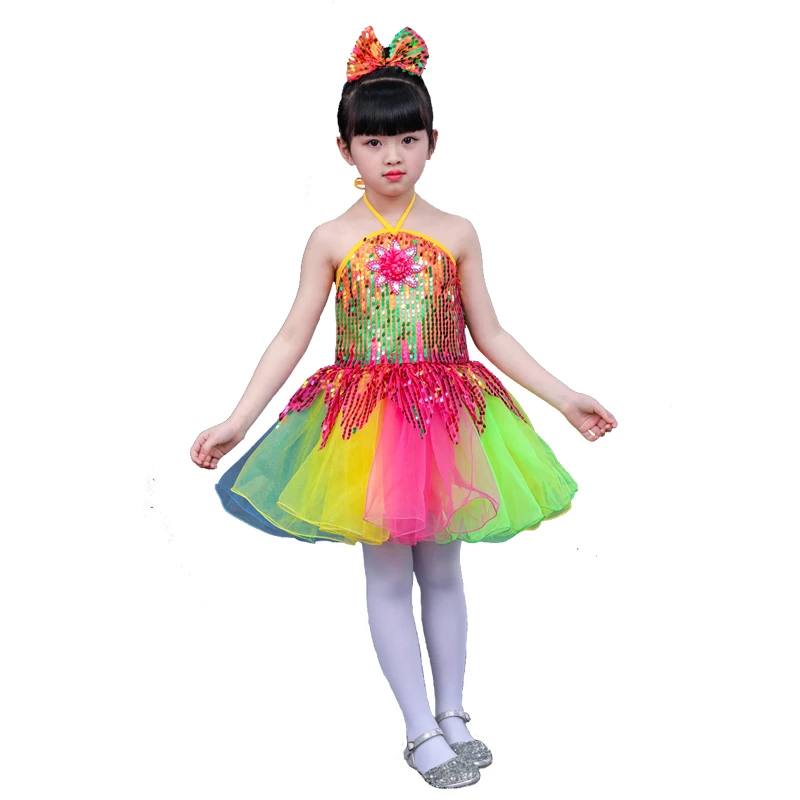 Kid boy girl dance colorful rainbow sequins glitter jazz costume dress clothes hip hop stage clothing tutu |