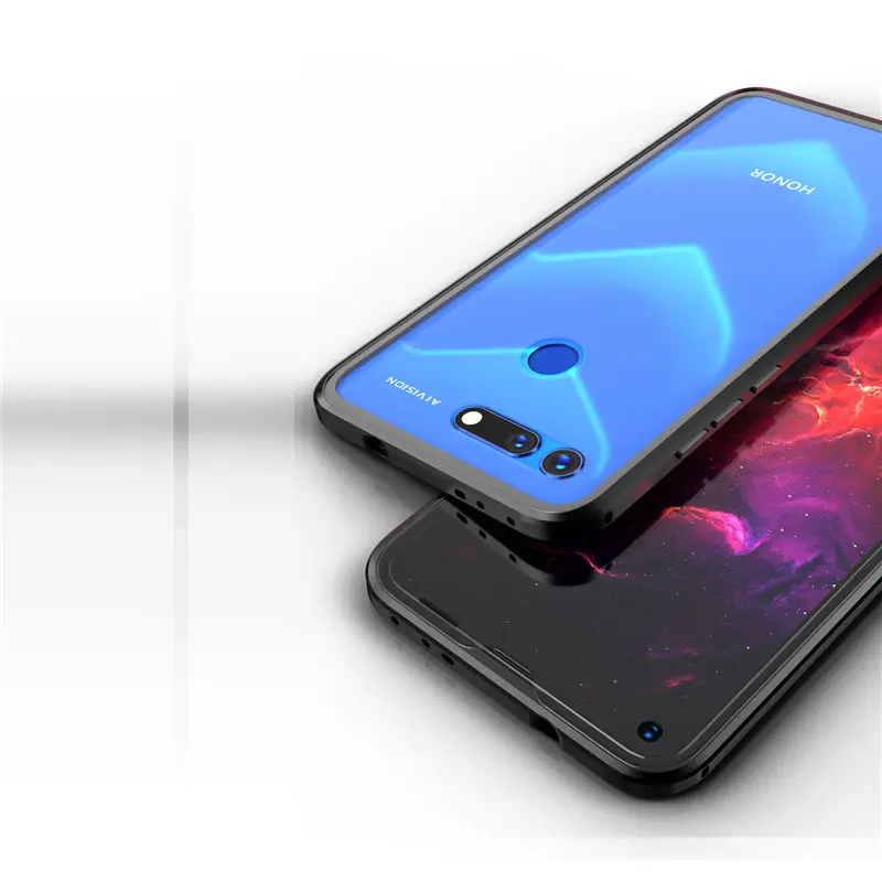 Black 360 полная защита Магнитный флип-чехол для huawei Honor View 20 прозрачный экран закаленное стекло+ Металлическая Рамка стеклянная задняя крышка - Цвет: Black