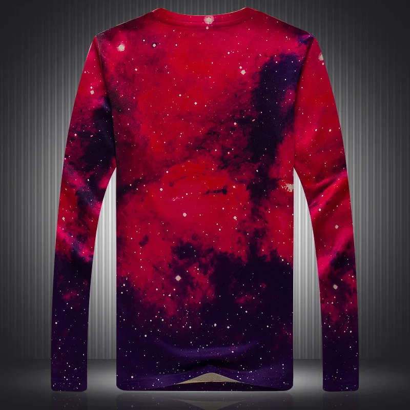 Personality lion head pattern digital printing boutique long sleeve t shirt Autumn top quality cotton t shirt men Red M-3XL
