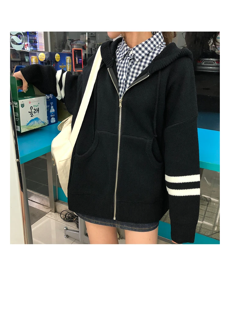 Woherb Harajuku Knitted Cardigan Women Korean Style Modis Striped Print Hooded Sweater Coat Girls Casual Runway Sweaters