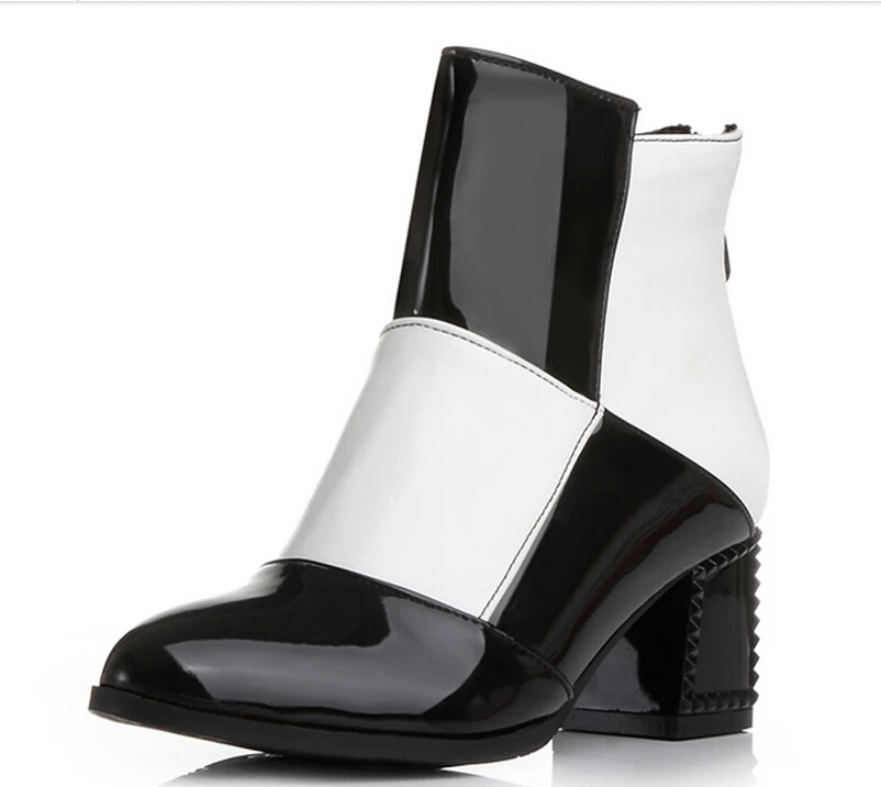 Ботильоны женские из лакированной кожи высокий толстый каблук заостренный носок