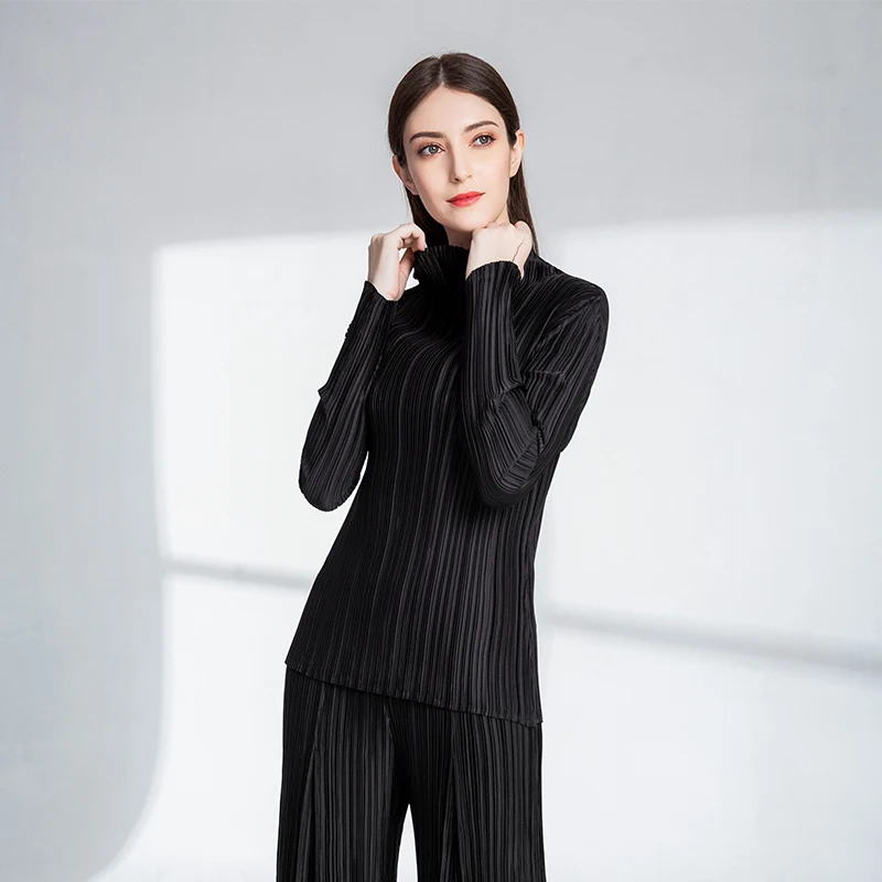 Changpleat 2018 осенние новые женские футболки Топ Miyak плиссированная водолазка