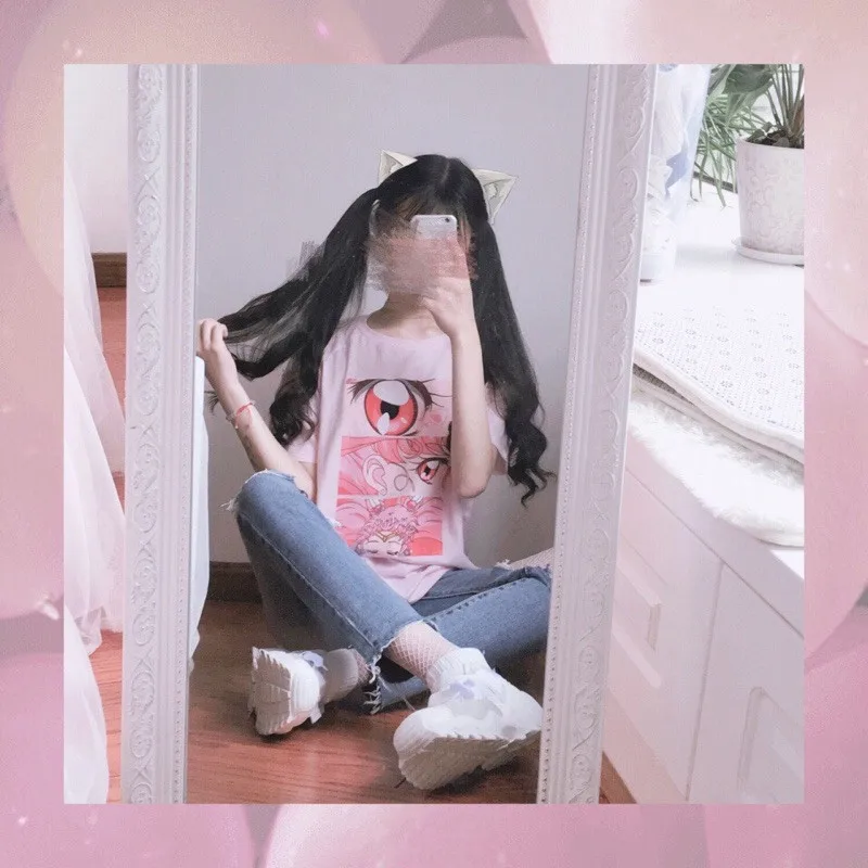 Лето harajuku милые Фэнтези Девушка мультфильм Сейлор Мун Футболка женские свободные топы в розовом цвете