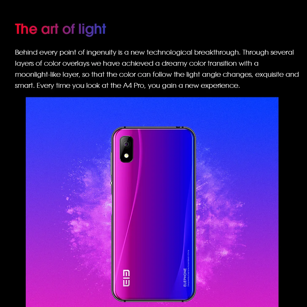 Мобильный телефон ELEPHONE A4 Pro, 4 ГБ, 64 ГБ, 3000 мА/ч, экран с зазубриной, 5,85 '', 4G, MT6763, Восьмиядерный, Android 8,1, камера 16 Мп+ 8 Мп, отпечаток пальца