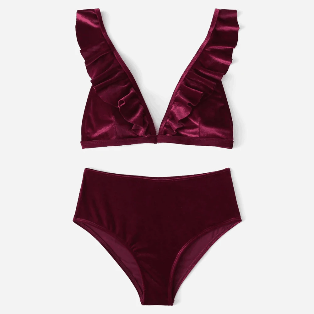 DH122-JHS Swimwear Velvet High Waist Swimsuit Solid Reffle Bikini Set Swimming Suit For Women Bathing Suit Female May Bathers Beachwear - Цвет: DH122-JHS