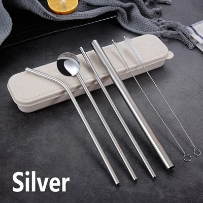 Silver 3 шт. набор соломинок из нержавеющей стали с коробкой для переноски+ 1 шт. щетка для очистки, многоразовые аксессуары для соломы - Цвет: Silver