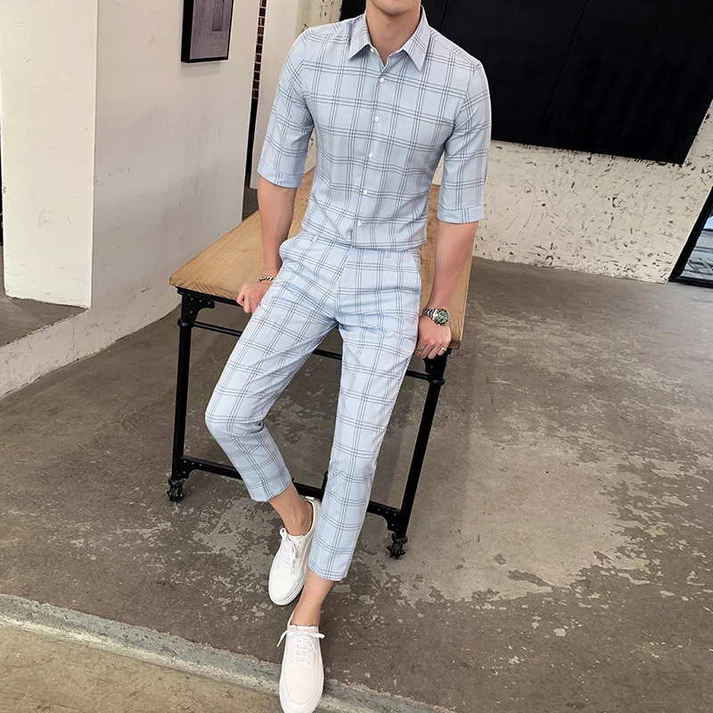 Клетчатые мужские костюмы из двух предметов в клетку Roupa Masculina Slim Fit мужская