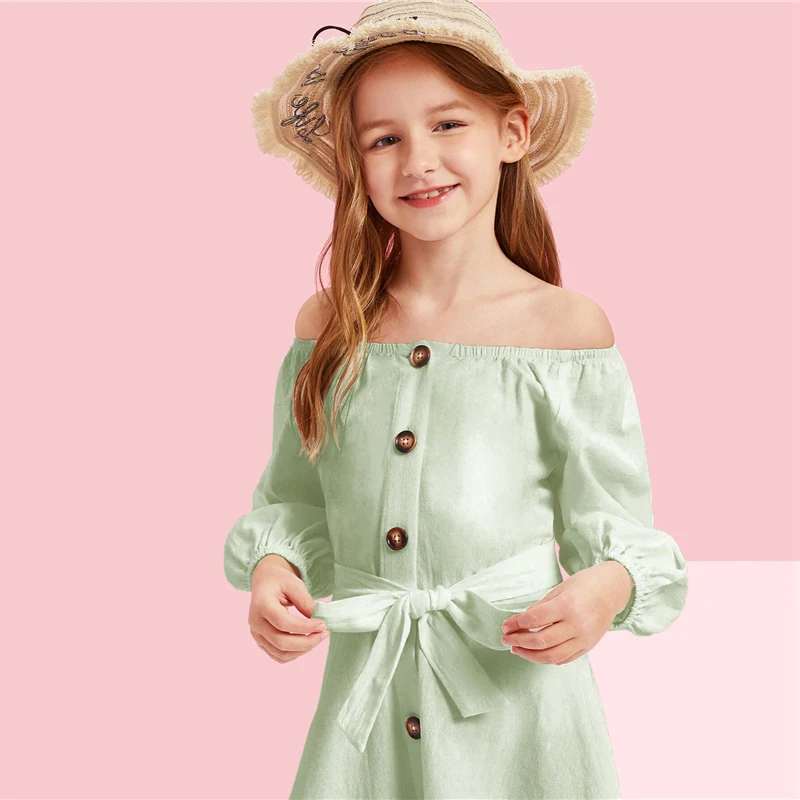 SHEIN/повседневное платье макси для девочек с открытыми плечами, пуговицами и поясом спереди; коллекция года; Летние Детские платья с длинными рукавами