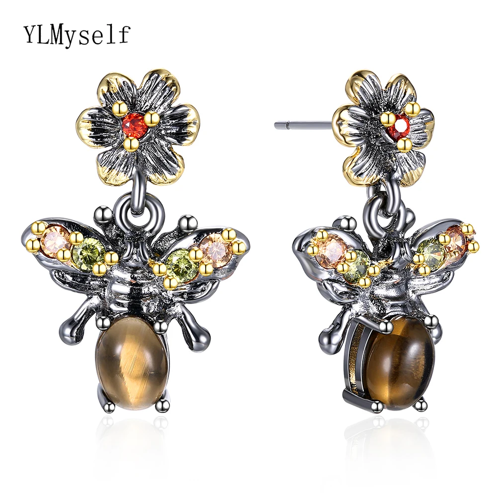 

Beautiful cute animal drop earring smokytopaz stone colorful crystal bee jewelry Black gold 2 tone plate nice dangle earrings