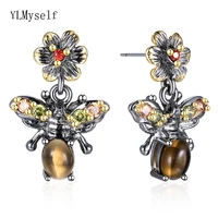 beautiful cute animal drop earring smokytopaz stone colorful crystal bee jewelry black gold 2 tone plate nice dangle earrings