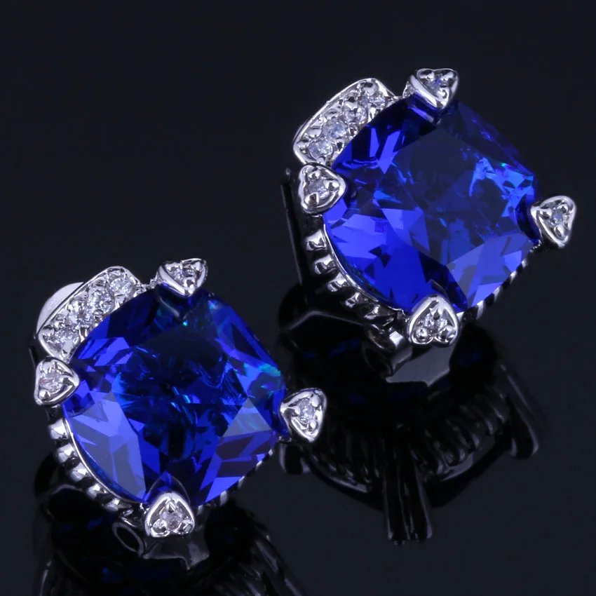 

Gleaming Square Blue Cubic Zirconia White CZ Silver Plated Clip Hoop Huggie Earrings V0905