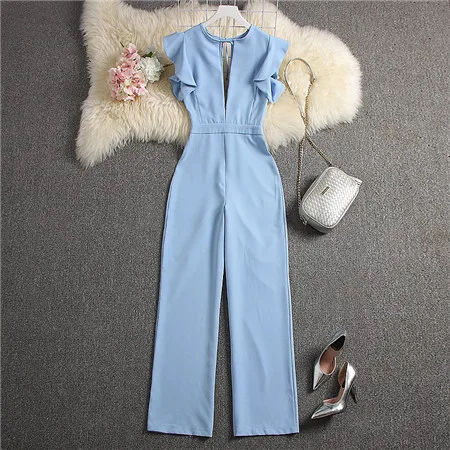 Sky blue ALPHALMODA летние женские сексуальные комбинезоны с глубоким v-образным вырезом, однотонные прямые длинные штаны, женские вечерние комбинезон, комплект одежды - Color: Sky blue