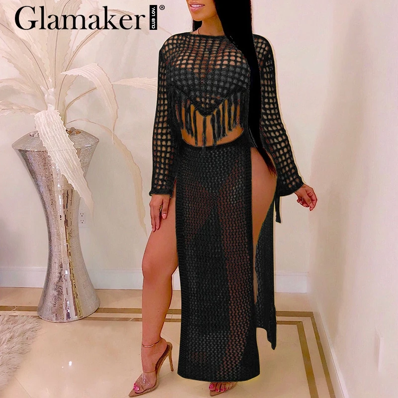 Glamaker, сексуальное трикотажное платье, женское, длинный рукав, высокий разрез, элегантное, макси платье, вечерние, для клуба, с кисточками, два предмета, костюм, платье - Цвет: Черный