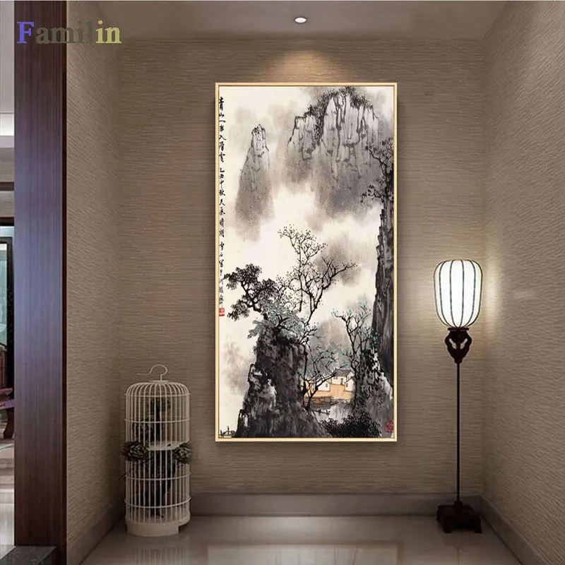 Большая настенная живопись на холсте китайская Гора и река картина Картина зал