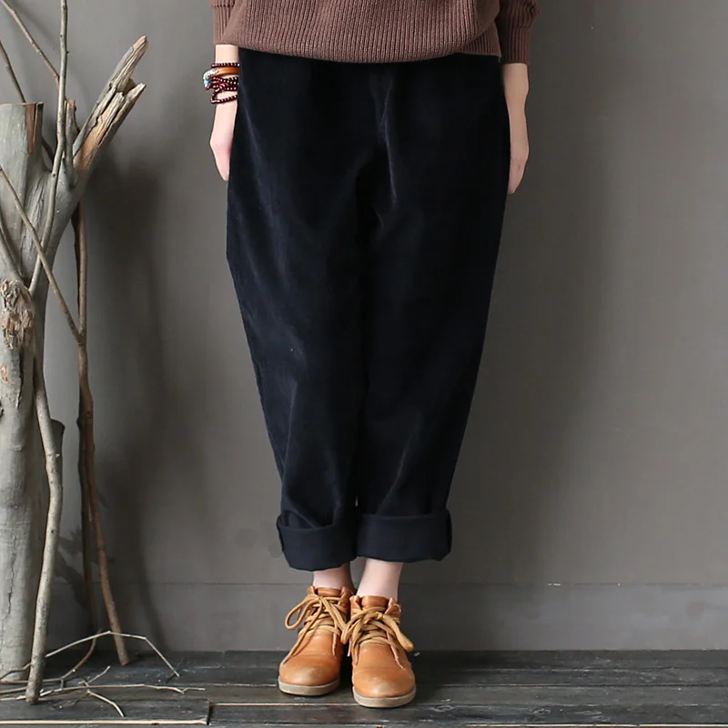 Женские вельветовые брюки с карманами свободные винтажные в стиле ретро принтом