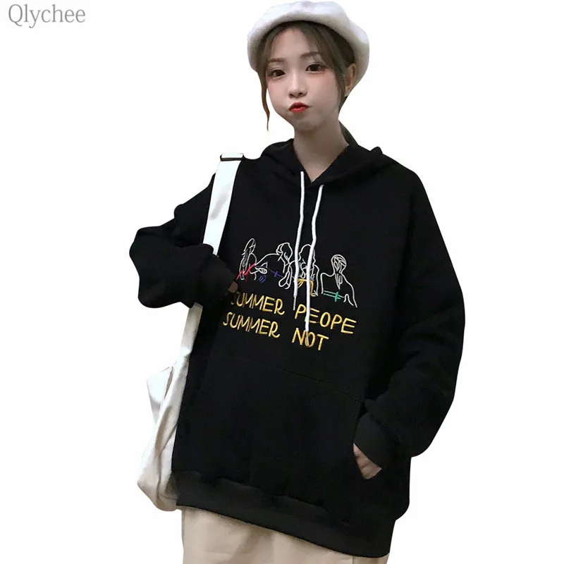 Qlychee характер Письмо Вышивка толстовки с капюшоном Женский длинным рукавом