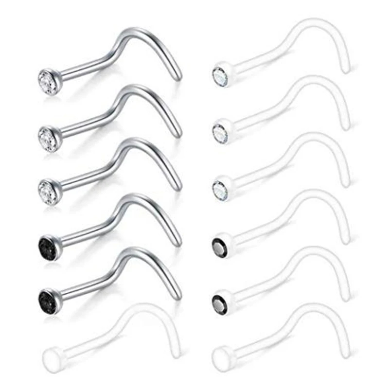 JFORYOU 12pcs20G прозрачное кольцо для носа с CZ, гибкий акрил фиксатор для носа для пирсинга носа, нетоксичный пластиковый пирсинг