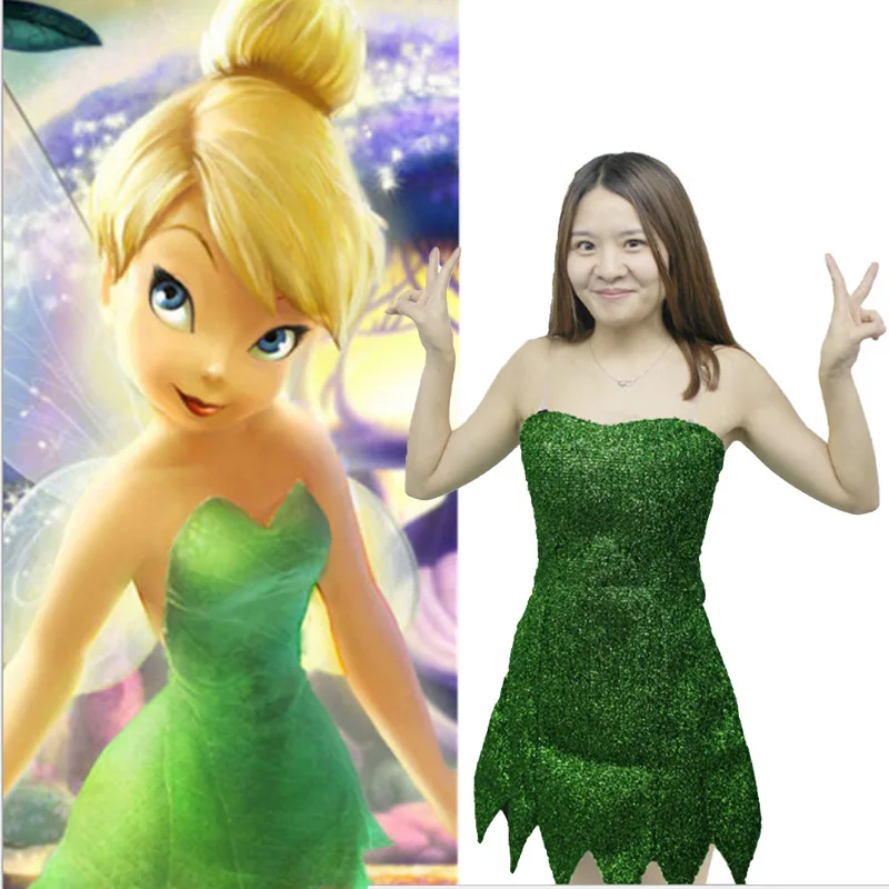 2019 new pixie fairy cosplay costume tinker bell green adult dress tinkerbell halloween party sexy cosplay mini dresses with wig free global shipping