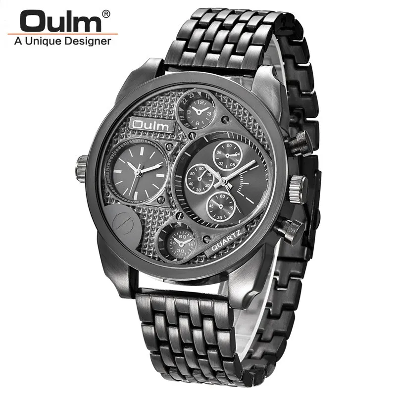 Черный Oulm HT9316 Роскошные Брендовые Часы с двумя часовыми поясами, мужские индивидуально оформленные маленькие циферблаты, Мужские кварцевые часы большого размера, мужские часы - Цвет: Черный