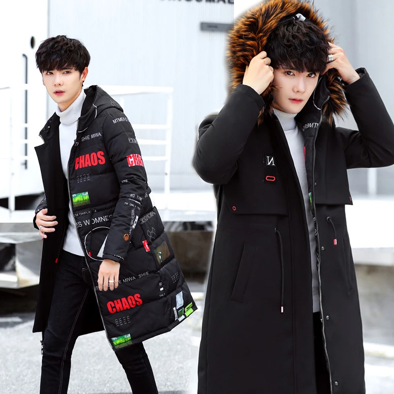 Парка мужская с большим меховым капюшоном зимняя длинная теплая хлопковая можно