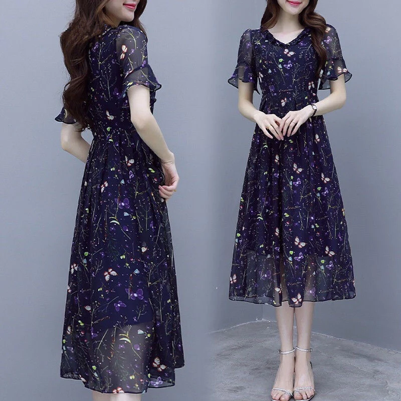 

Korean Style Women Summer Chiffon A-Line Dresses Lady Casual Short Sleeve Mesh Chiffon Flower printed Dresses Vestidos SS028