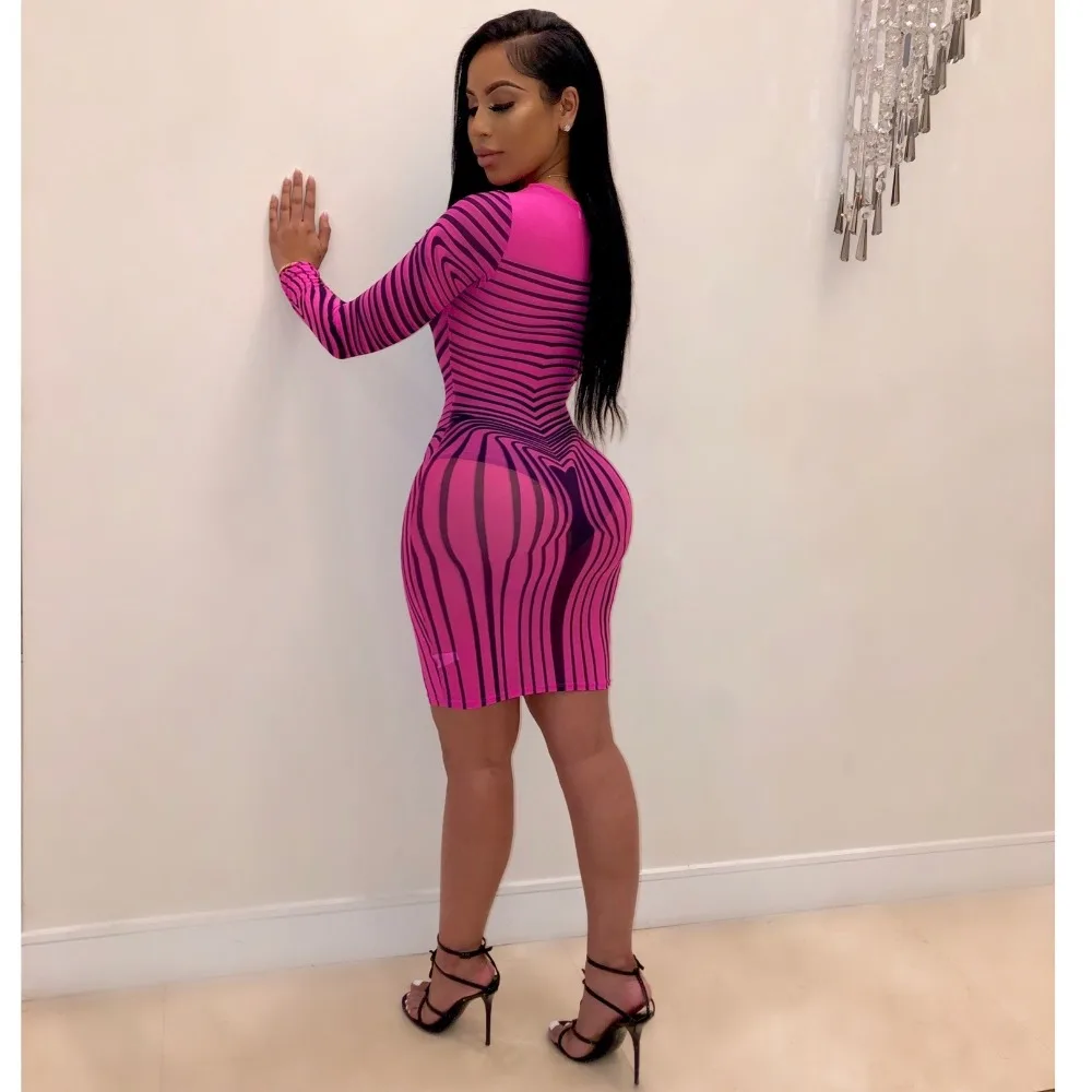 Женское Сетчатое платье в зеленую полоску с длинным рукавом вечерние мини платья