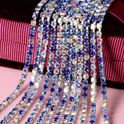 

5yard/piece Mix Sapphire blue color Glass Crystal sew on rhinestones Chain silvery bottom Diy Clothing accessories SIJISHUIZUAN