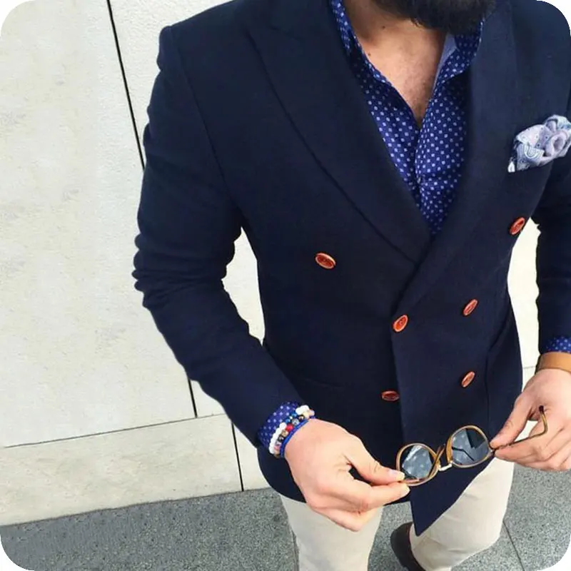 

Navy Blue Men Suits Formal Man Costume Beige Pants Double Breasted Wide Peaked Lapel Slim Fit Groom Tuxedos 2Piece Prom Wear