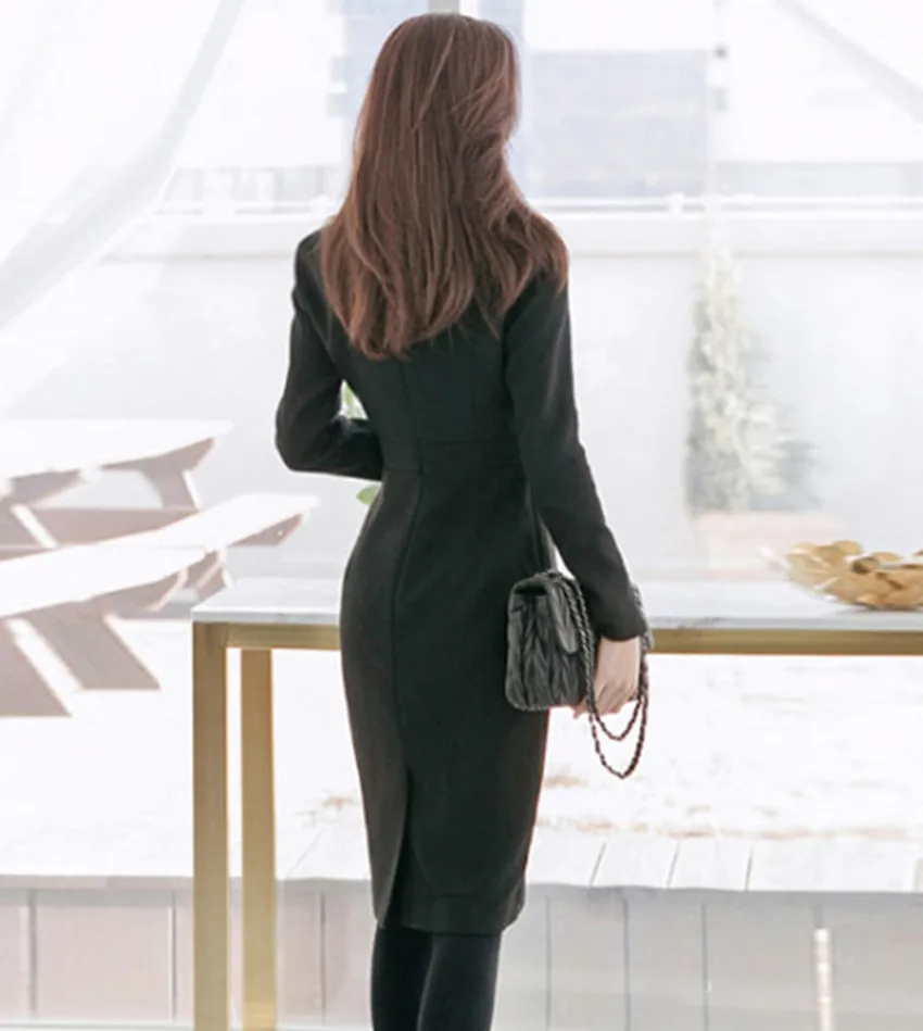 

JSXDHK New Korean Women Formal Work Pencil Dress Business Autumn Black Long Sleeve Stand Collar Bodycon Sheath Office OL Dress