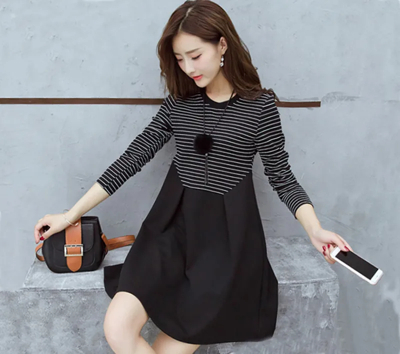 

Xiaying Smile A L Women Dress Female Fashion All-Match Boat Neck Sexy loose Embroidery Striped Casual comfortable