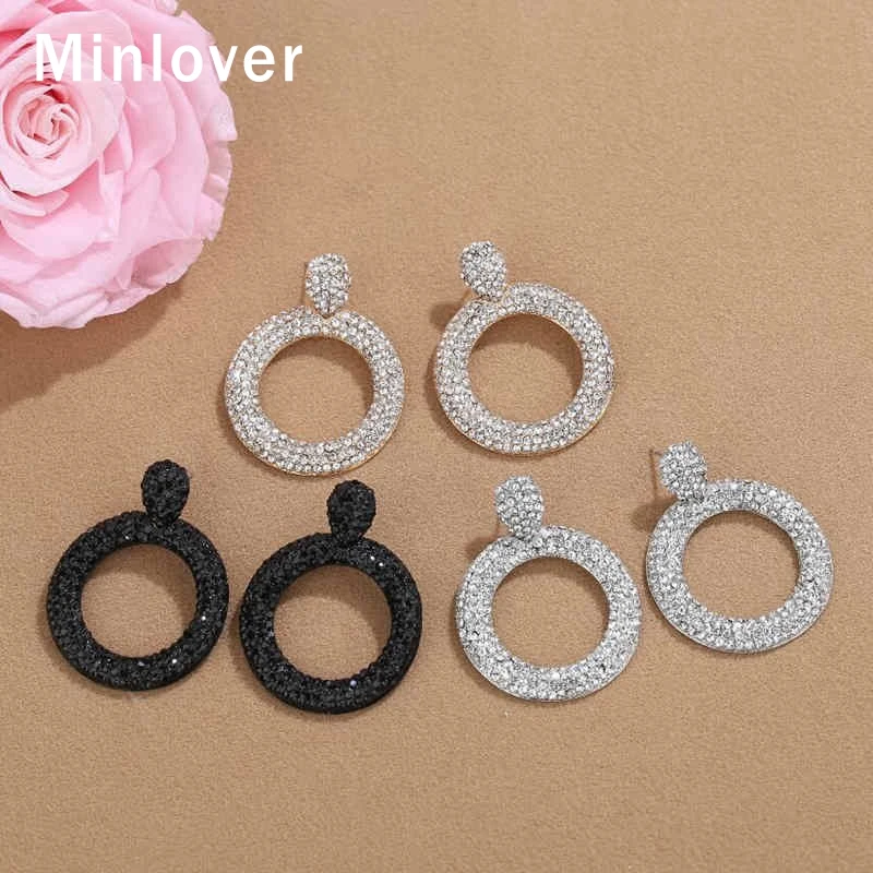 Женские круглые серьги подвески Minlover массивные с черными кристаллами