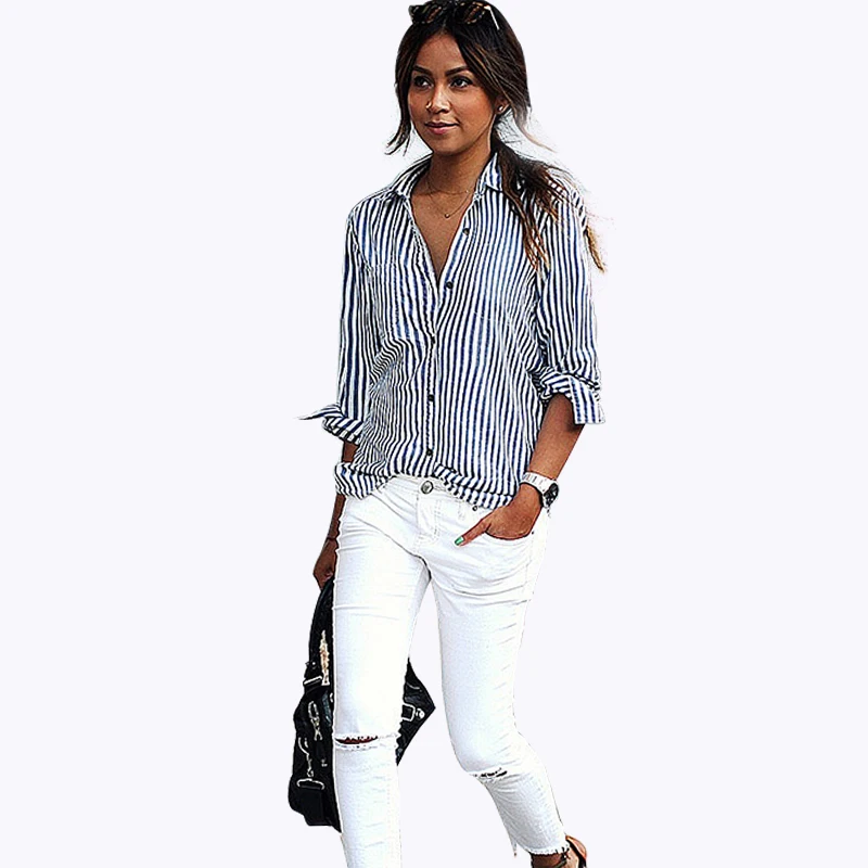 Синий Полосатый Для женщин Блузки для малышек Camisas Femininas дешевая одежда Китай