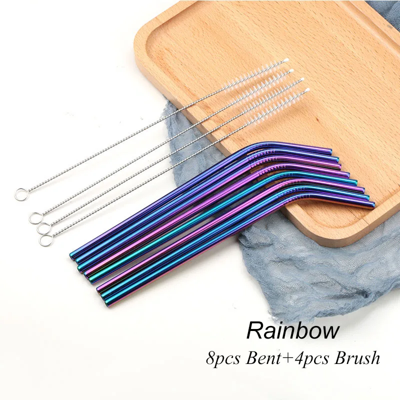 01 Bend Rainbow 8 шт многоразовые соломинки из нержавеющей стали для питья Металлические Прямые изогнутые соломинки из нержавеющей стали с чистящей щеткой вечерние аксессуары для бара - Цвет: 01 Bend Rainbow
