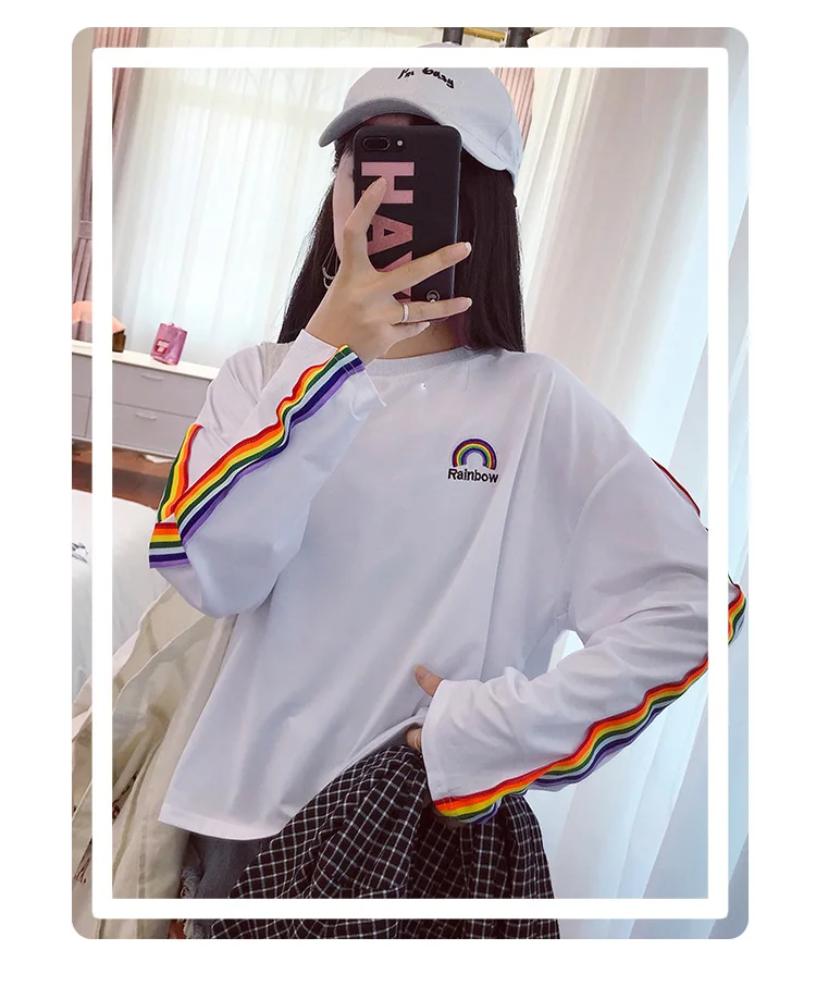 Футболки в радужную полоску Kawaii с длинным рукавом мягкие свободные с вышивкой в Корейском стиле женские футболки милые модные женские футболки подходят ко всему