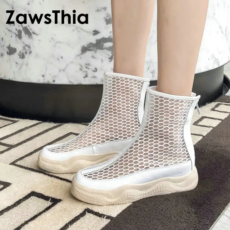 ZawsThia/летние женские ботинки Цвет белый черный Обувь на платформе Сетчатые